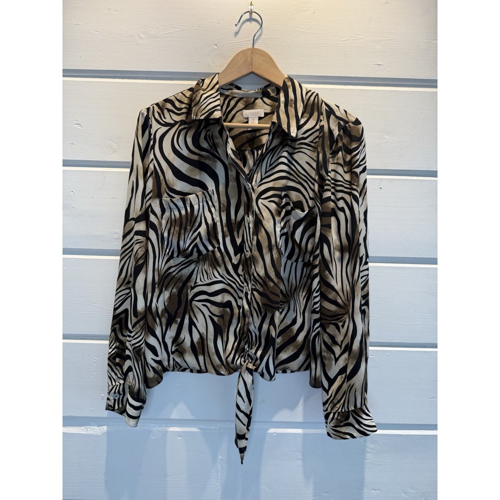 Chico's Womens Blouse Sz 2 US L Animal Print Button-Up Tie-Front Roll Tab Sleeve